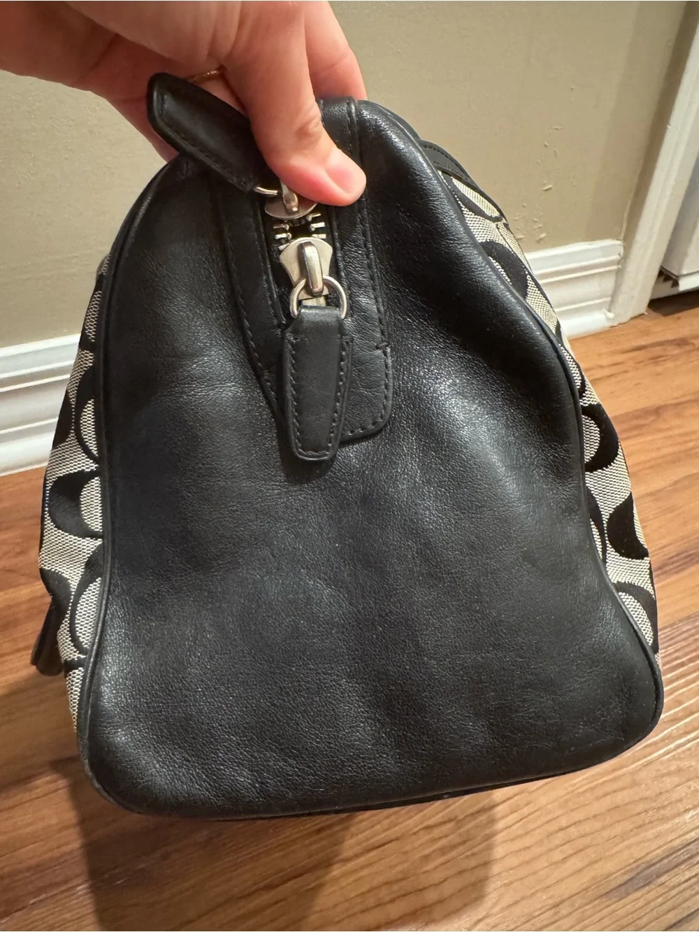 Coach Signature Canvas Satchel in Black and Ivory with Tassel